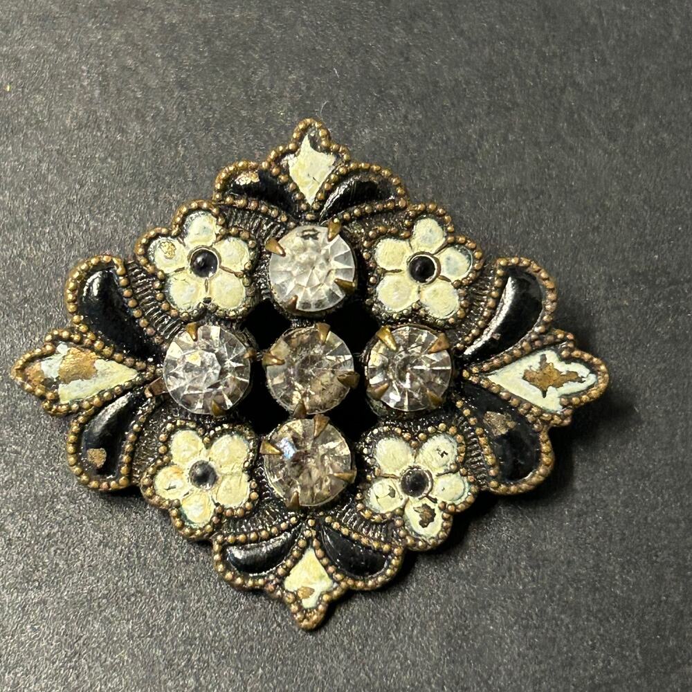 Antique 1940's-1960's Victorian/Art Deco Rhinestone and Enamel Brooch